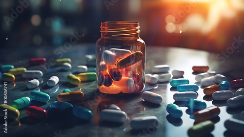 a jar of pills strewn on a table photo