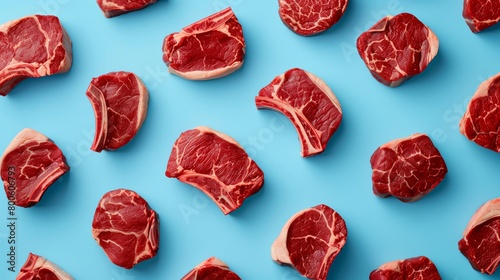 Top view of different raw steaks pattern texture blue background
