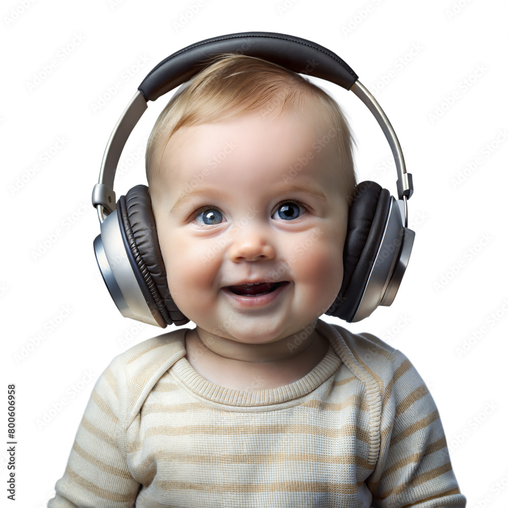 Smiling Baby With Headphones on Transparent Background Smiling Baby With Headphones on Transparent Background