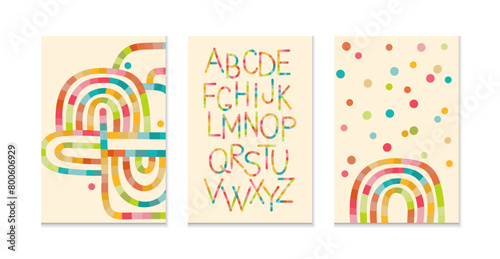 A vibrant set of 3 posters perfect for kids rooms or nurseries, featuring abstract, neon-lit curves and Latin alphabet. Crafting modern aesthetic it teaches children the building blocks of language.