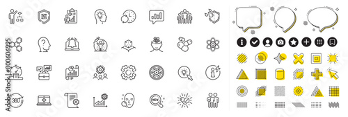 Set of Vaccine protection, Augmented reality and Seo gear line icons for web app. Design elements, Social media icons. Analytical chat, Qr code, Power info icons. Vector