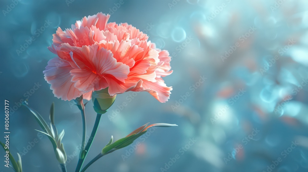 A soft pink carnation blooms gracefully, its petals translucent against an ethereal light blue bokeh backdrop A soft pink carnation blooms gracefully, its petals translucent against an ethereal light blue bokeh backdrop