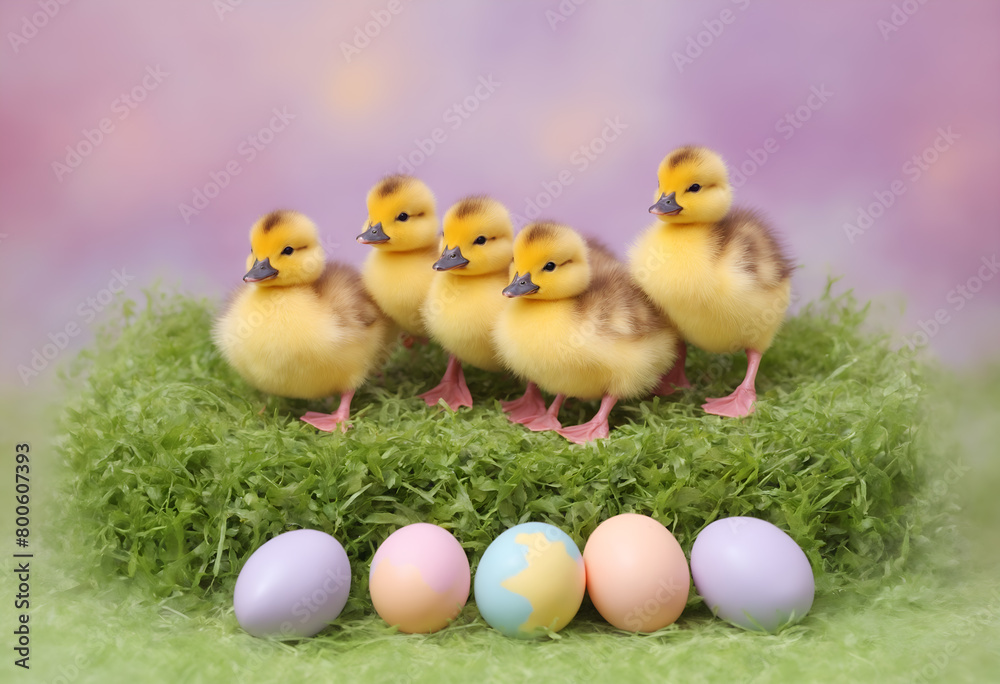 Easter colored eggs and ducklings