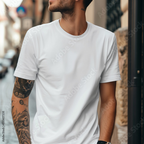 Handsome man model plain flat smooth white, white t-shirt mokup no logo