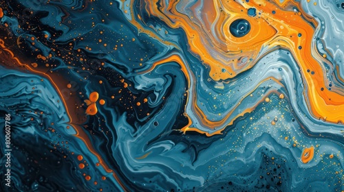 An intricate pattern of swirling orange and blue fluid art creates a captivating and complex image