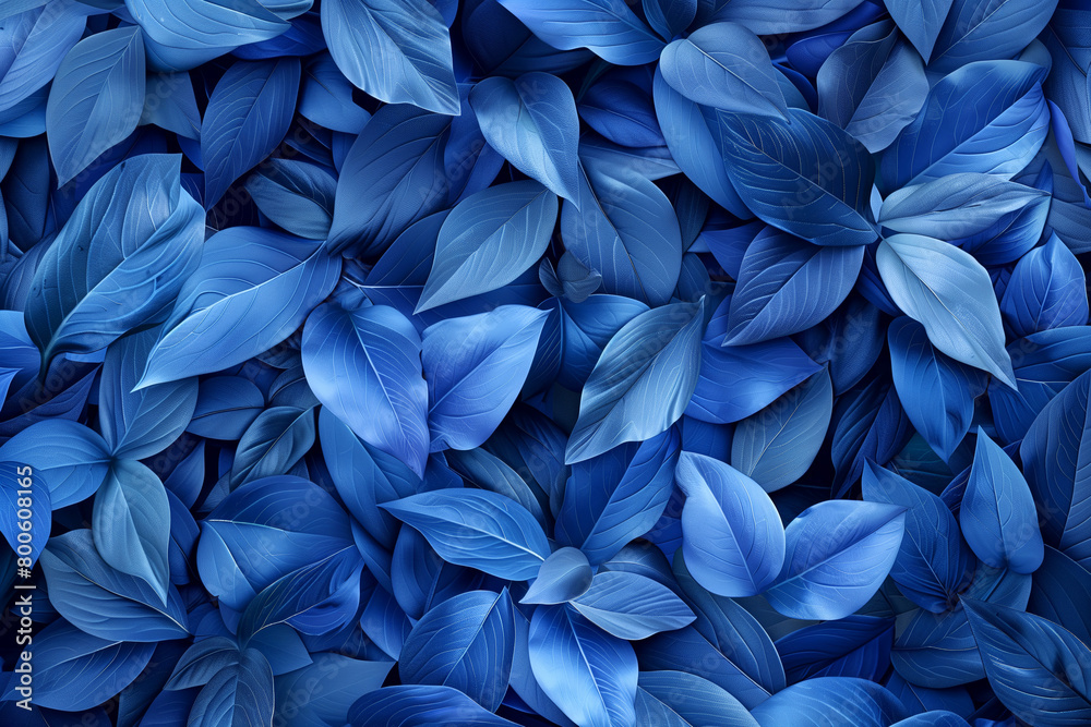 Closeup blue leaves background, overlay leaf pattern, futuristic  foliage textured background