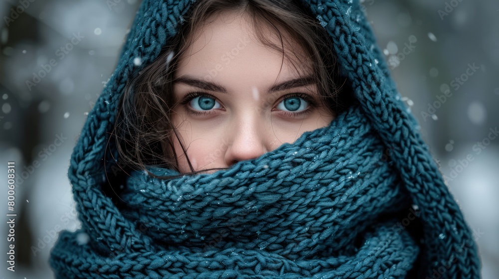 A woman with blue eyes and a blue scarf wrapped around her face stares into the camera. A woman with blue eyes and a blue scarf wrapped around her face stares into the camera.