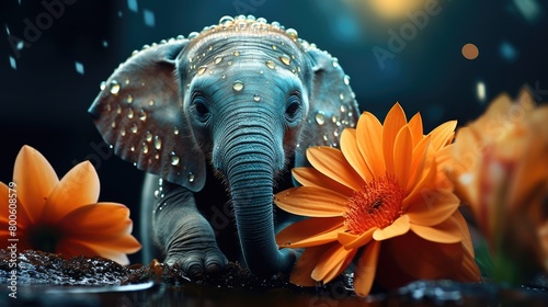 a picture tiny elephant balancing on the tip of a bright orange flower