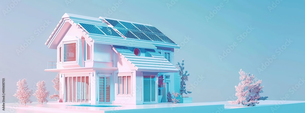 A smart home with solar panels and energy data visualizations.