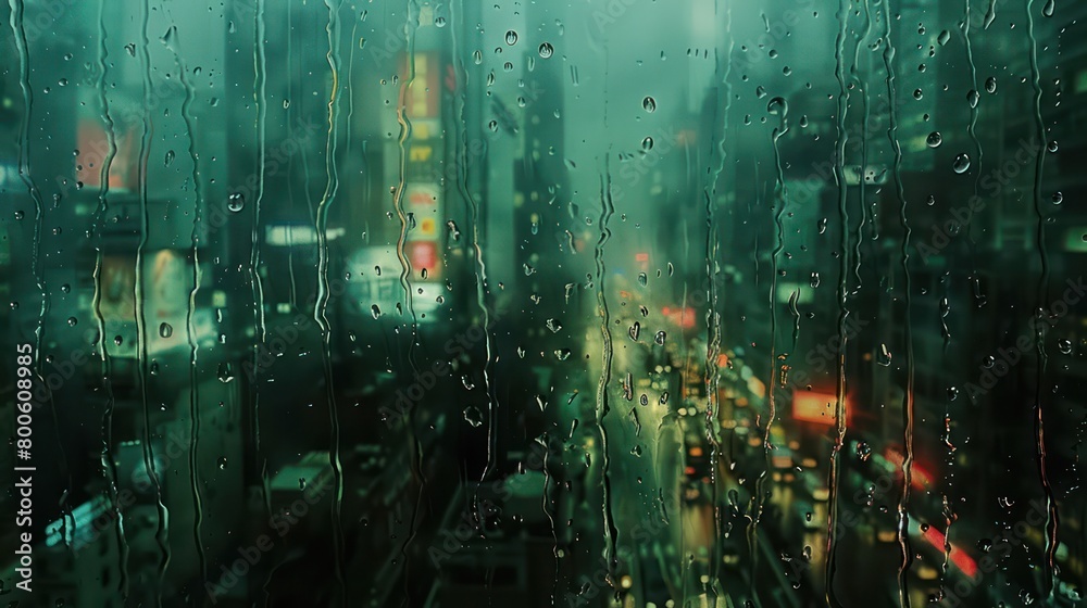 Evocative city scene showing a rain-drenched window with water droplets and the vibrant, blurry cityscape of lights and buildings at evening