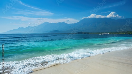An idyllic tropical scene with clear waters  pristine beach sands  and a dramatic mountain backdrop under blue skies