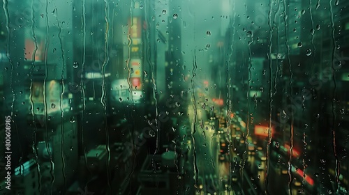 Evocative city scene showing a rain-drenched window with water droplets and the vibrant, blurry cityscape of lights and buildings at evening