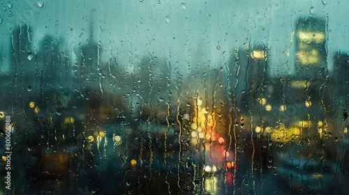 Striking image of raindrops cascading down a glass window with the golden city lights and urban landscape blurred in the background photo