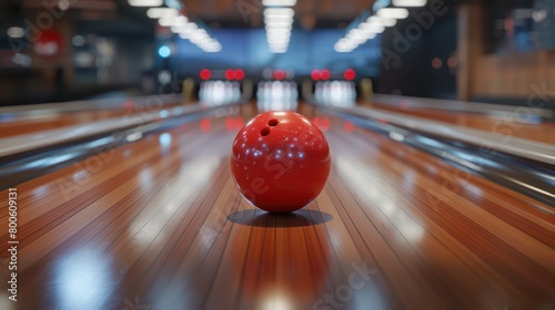 Centered view of a red bowling ball on a wooden bowling lane with distant pins and vibrant lighting photo