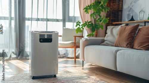 Closeup a modern portable air conditioner in house living room. Generated AI image © is