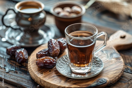 Traditional muslim food for Ramadan iftar meal - Dates  glass of water and coffee over wooden table.