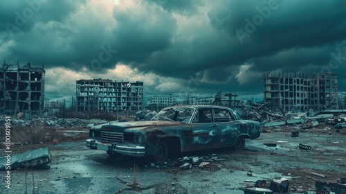 Abandoned car, a relic of the past, rusts quietly amid city ruins. photo