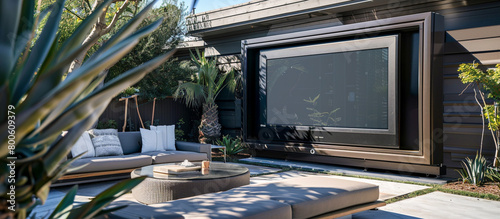 A contemporary outdoor lounge setup with a sleek TV screen, providing potential buyers with a virtual real estate tour experience, all in stunning full ultra HD quality. photo