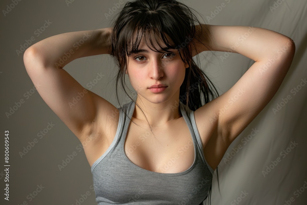 Stunning athletic brunette looks at the camera, showing happiness, feminine beauty, attractive facial features.