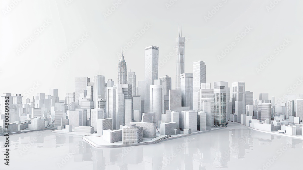 A clean, white cityscape rendering with detailed buildings and landmark structures featured prominently