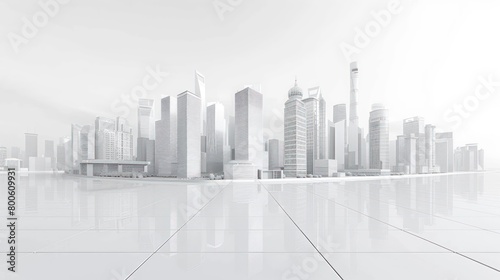 A monochromatic city model with skyscrapers and modern structures mirrored on a reflective surface