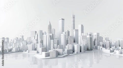 A clean  white cityscape rendering with detailed buildings and landmark structures featured prominently