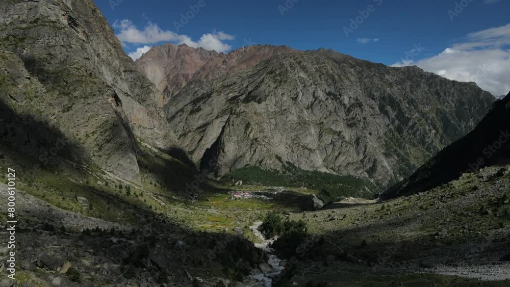 Aerial Drone shot of a small village covered by huge mountains of Himalayas. Aerial Drone shot of a small village covered by huge mountains of Himalayas.