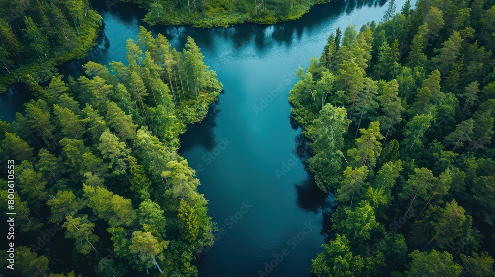 The cool tones of a meandering river flow through the dense greenery of an old-growth forest