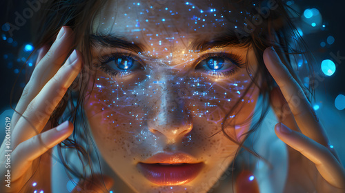 Enigmatic woman enveloped in a cascade of digital stars, embodying a celestial connection photo