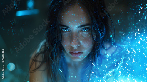 Enigmatic woman enveloped in a cascade of digital stars, embodying a celestial connection photo