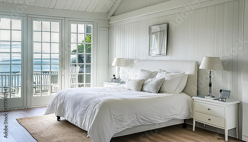modern contemporary bedroom with neutral colors, wood ceiling, water view © JL Designs