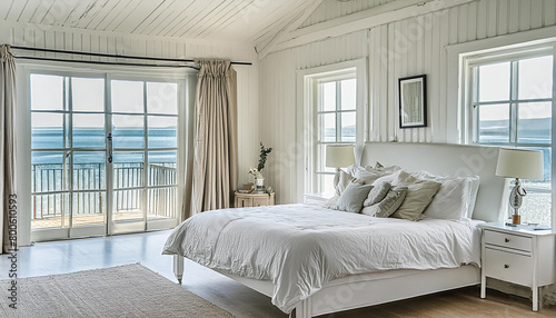 modern contemporary bedroom with neutral colors, wood ceiling, water view