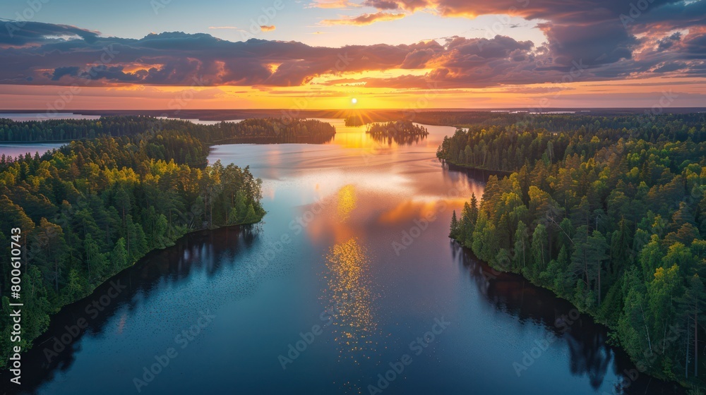 Breathtaking aerial perspective of the sun setting over a forest and lake, reflecting vibrant colors across the vast expanse