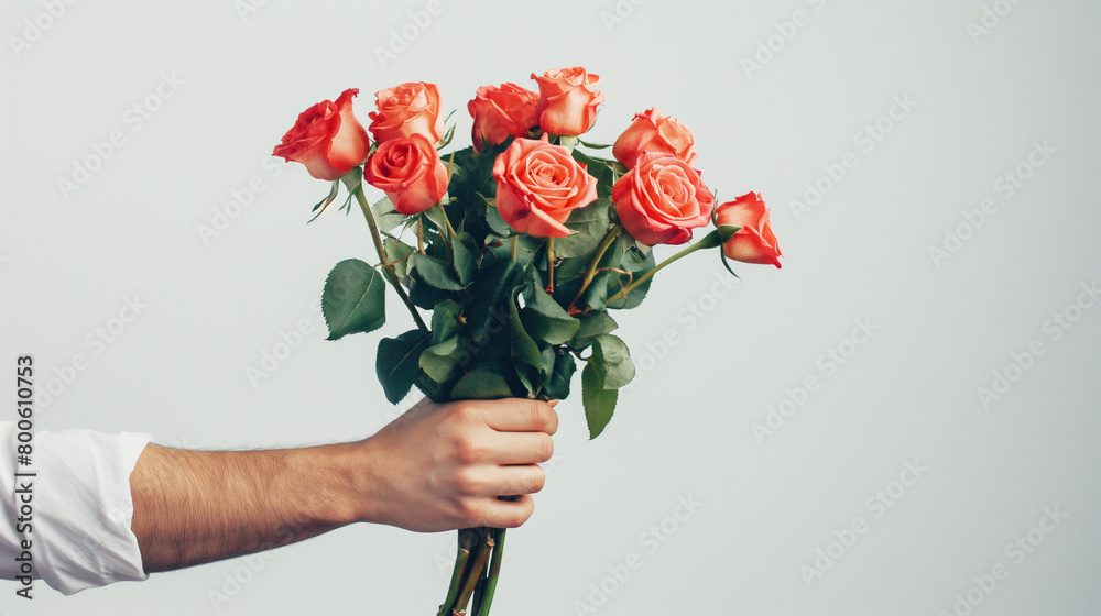 Man's hand holds out a bouquet of red roses on a light background