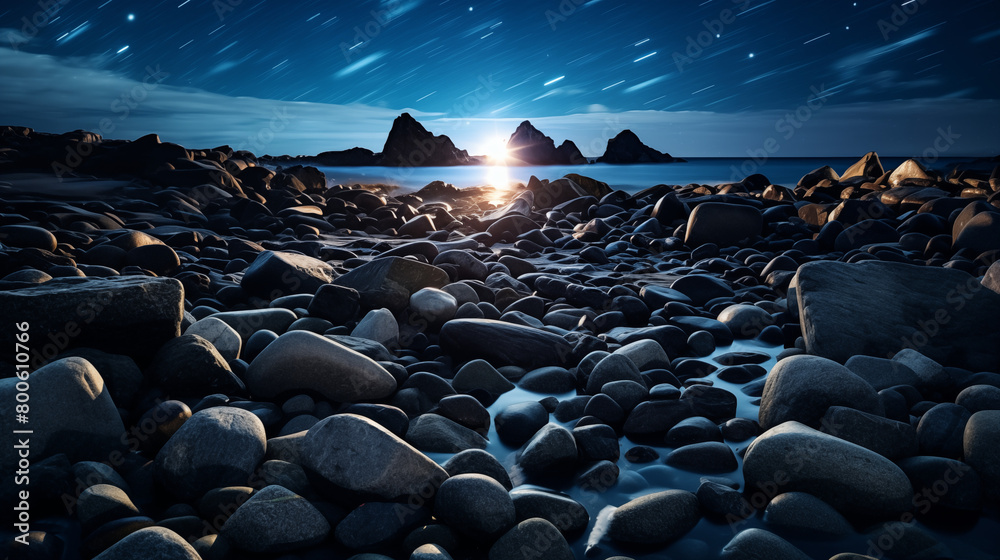 Fototapeta premium Starlit Night over a Rocky Beach with Dynamic Light Path