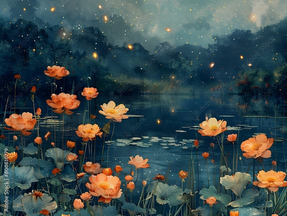 Enchanting Garden Bathed in Moonlight with Blooming Flowers and Fireflies Dancing Enchanting Garden Bathed in Moonlight with Blooming Flowers and Fireflies Dancing
