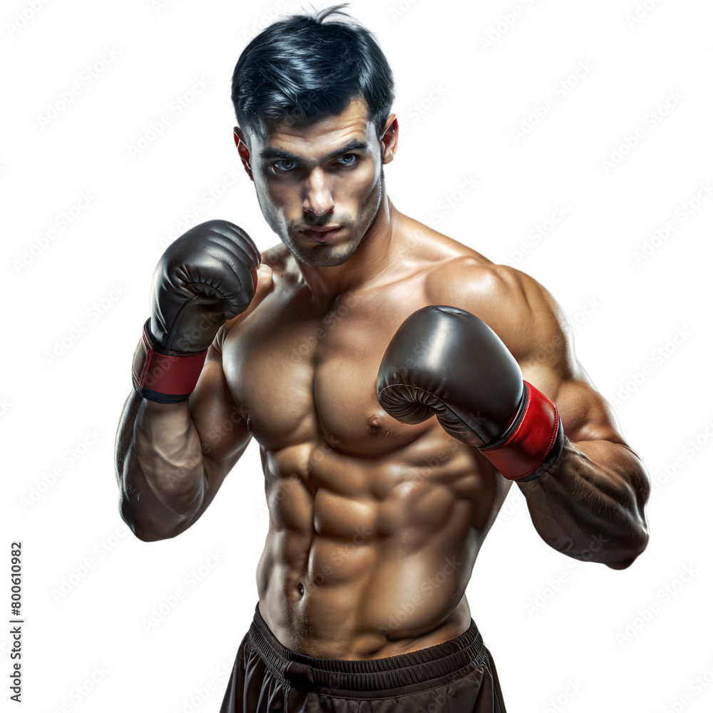 Male boxer ready to attack in fighting stance on transparent background
