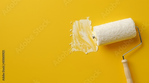 white paint roller floated on yellow background  photo