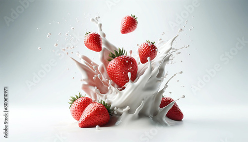Bunch of strawberries with splashing milk flying. Flying strawberries with milk splash. Strawberry shake or yogurt advertising design mockup and banner design.
 photo