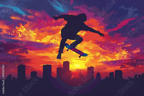 Artistic vector depiction of a skateboarder performing tricks on a colorful retro skateboard, with a backdrop of a city skyline during sunset   © Tohamina