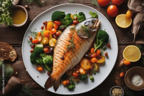 'fish sh roast trout vegetables roasted fried dish meal salad grill grilled bar-b-q food dinner dining lunch dine eating fresh vegetable healthy delicious garnish fillet plate prepared meat white'