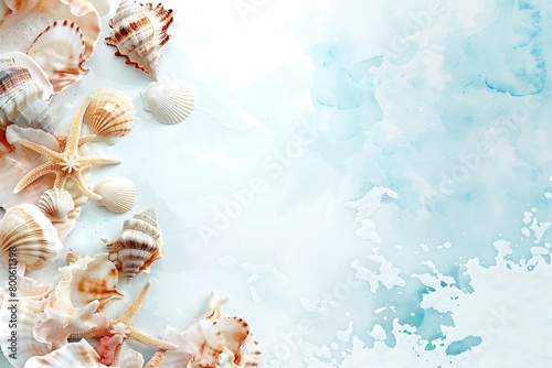 card with seashells in soft colors, watercolor sea waves background witn copy space, marine banner