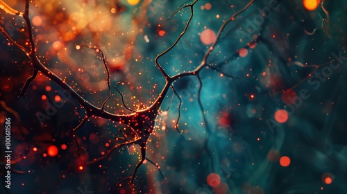 Neurons or nervous system impulses in human brain and body, abstract view on lights photo