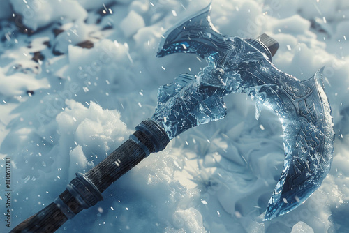 Frozen tundra warrior's icebound battle axe, encased in eternal frost. photo