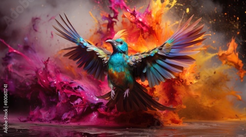 a picture mystical ethereal bird melting dripping swirling sublimating exploding into colorful smoke © positfid