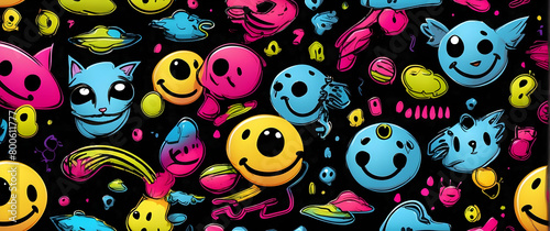 A playful and densely packed pattern of various emoticons and characters, bursting with color and joy