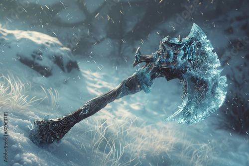 Frozen tundra warrior's icebound battle axe, encased in eternal frost. photo