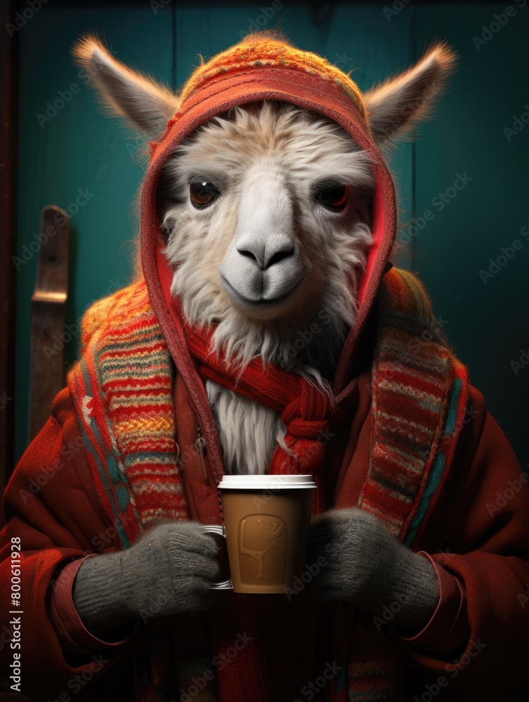 a illustration llama with warm red coat and a cup
