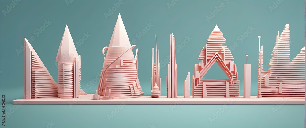 The image presents a tranquil and symmetrical arrangement of pink paper sculptures in a minimalist architectural style on a clean background