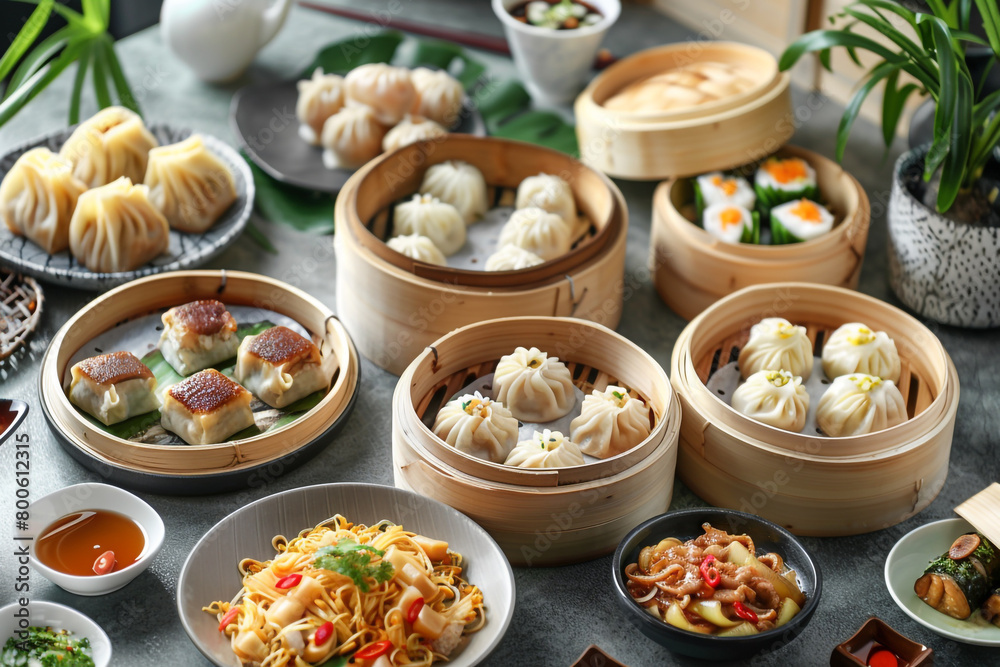 Chinese Dim Sum assortment bamboo steamers Yum Cha atmosphere Chinese Dim Sum assortment bamboo steamers Yum Cha atmosphere